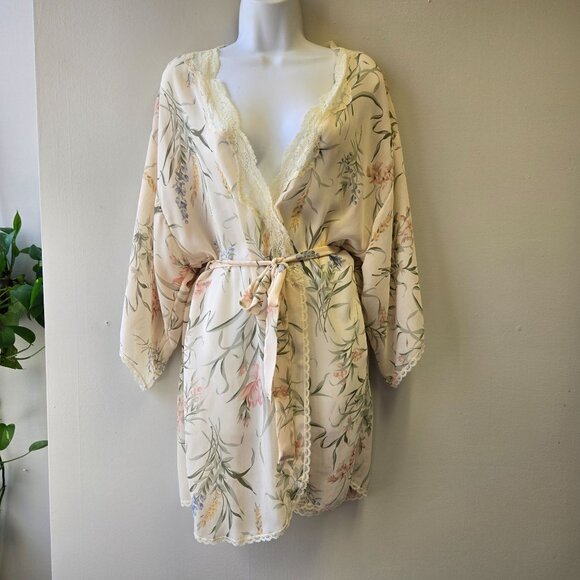 Vintage Val Mode Floral Sheer Kimono Robe Medium Cream Tie Belt Lace Trim - Picture 1 of 9